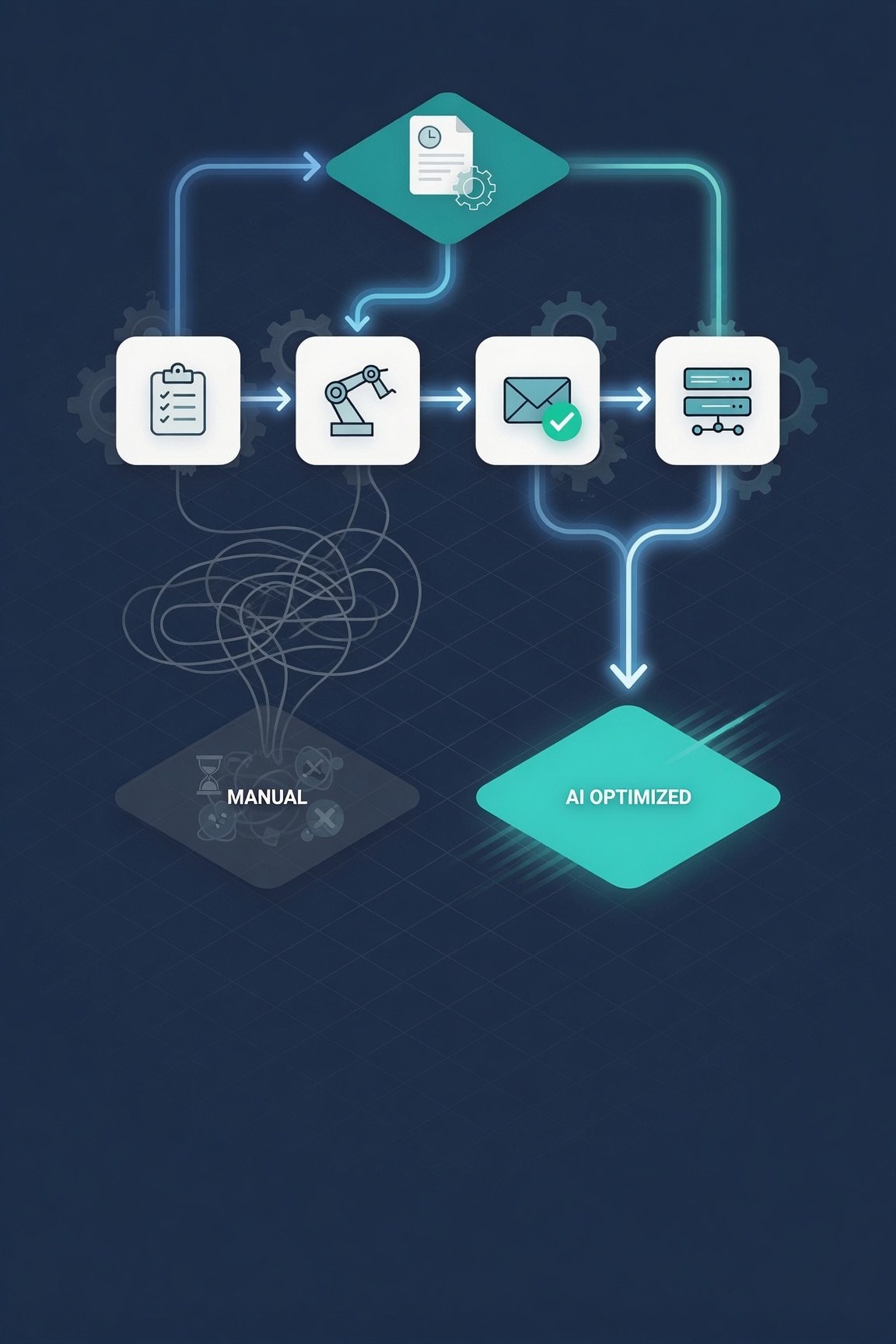 A tangled manual process and an AI-optimized workflow side by side: clipboard, robotic arm, email, and server steps flowing into an AI-optimized outcome.